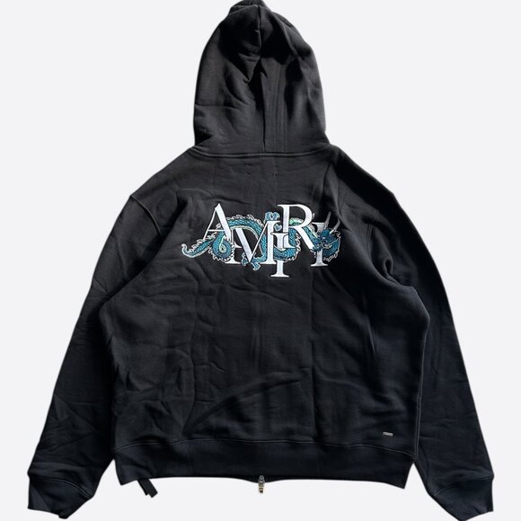 Amiri Black & White Embroidered Dragon Logo Zip Up Hoodie - Picture 2 of 4